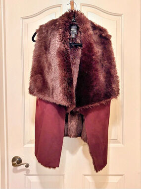 Belle Vere Faux Fur and Faux Suede Draped Vest in Burgundy & Brown Small